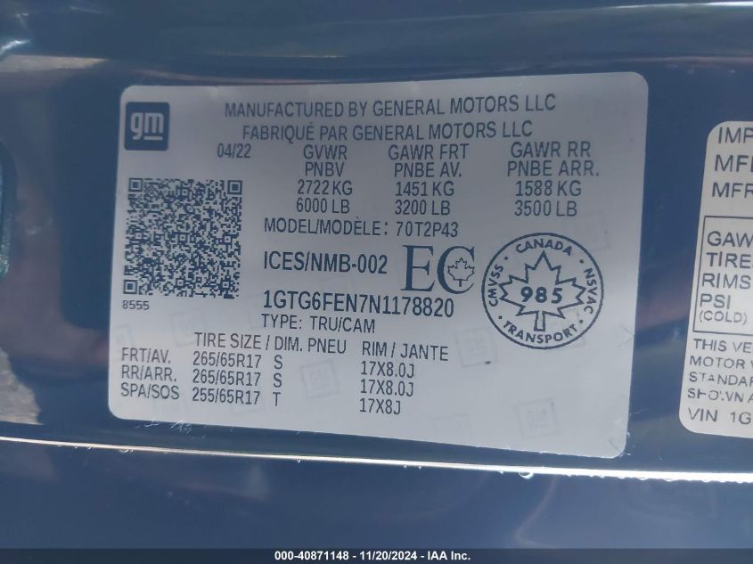 2022 GMC Canyon 4Wd Long Box At4 - Cloth/4Wd Long Box At4 - Leather/4Wd Short Box At4 - Cloth VIN: 1GTG6FEN7N1178820 Lot: 40871148