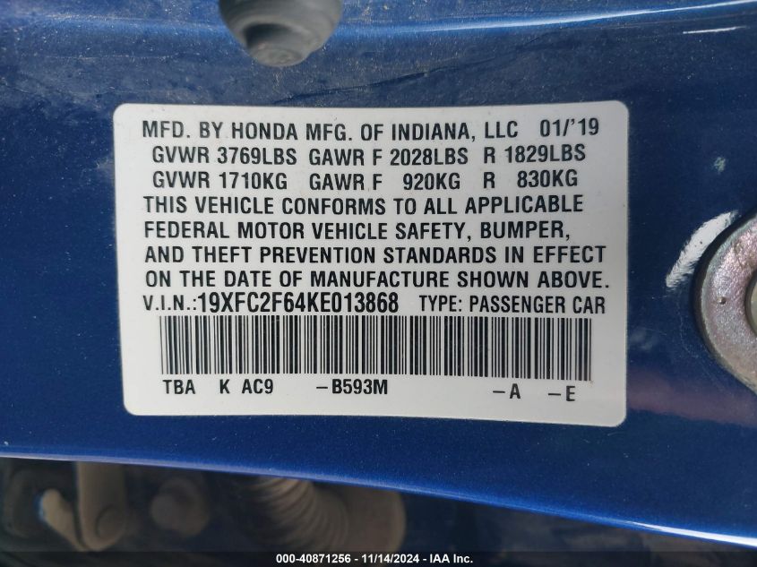 VIN 19XFC2F64KE013868 2019 HONDA CIVIC LX