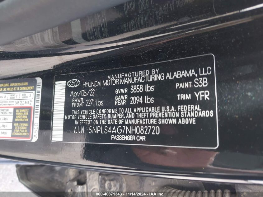 2022 Hyundai Elantra Sel VIN: 5NPLS4AG7NH082720 Lot: 40871343