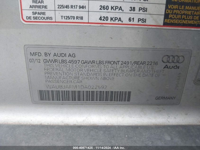 2013 Audi A3 2.0 Tdi Premium VIN: WAUBJAFM1DA022592 Lot: 40871425