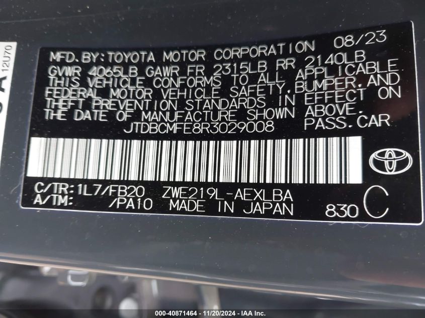 2024 Toyota Corolla Hybrid Le VIN: JTDBCMFE8R3029008 Lot: 40871464