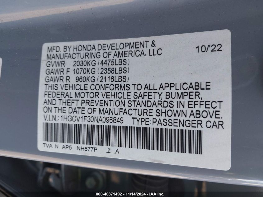 2022 Honda Accord Sport VIN: 1HGCV1F30NA096849 Lot: 40871492