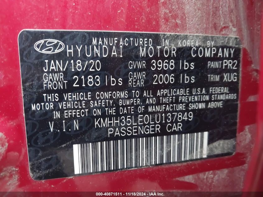 2020 Hyundai Elantra Gt VIN: KMHH35LE0LU137849 Lot: 40871511