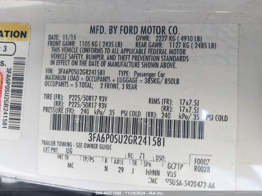 2016 FORD FUSION ENERGI TITANIUM - 3FA6P0SU2GR241581