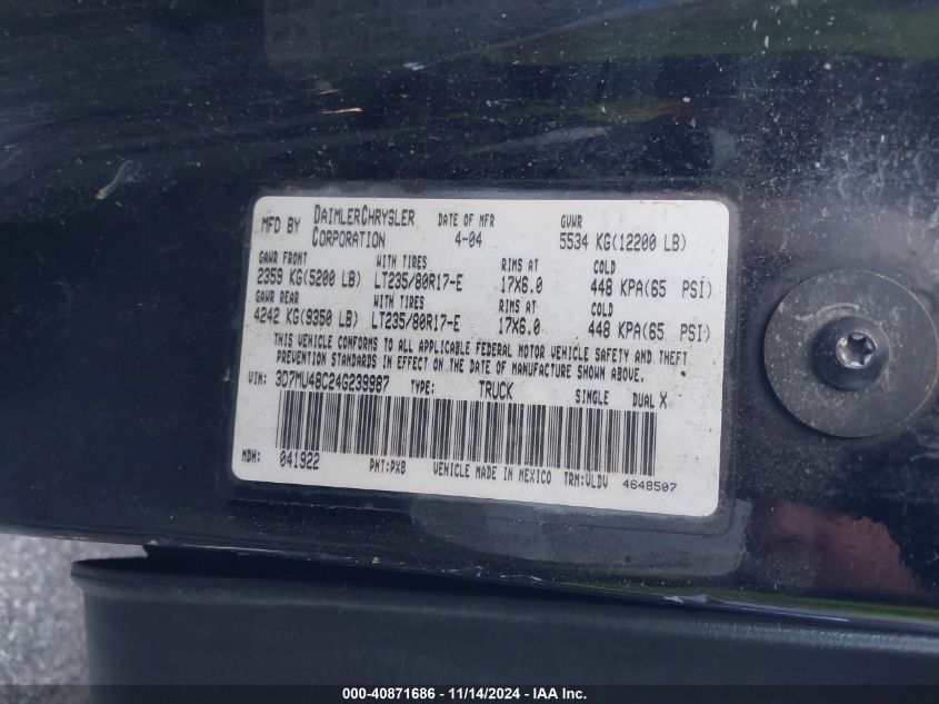 2004 Dodge Ram 3500 Slt/Laramie VIN: 3D7MU48C24G239987 Lot: 40908974