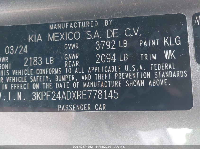 VIN 3KPF24ADXRE778145 2024 KIA Forte, Lxs no.9