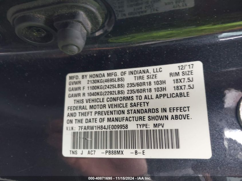 2018 Honda Cr-V Ex-L/Ex-L Navi VIN: 7FARW1H84JE009958 Lot: 40871695