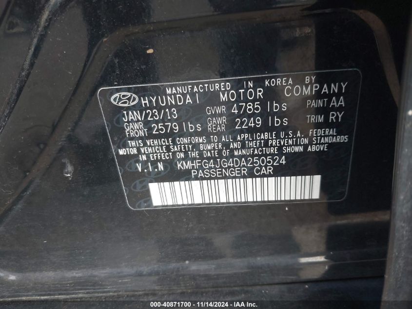 2013 HYUNDAI AZERA KMHFG4JG4DA250524
