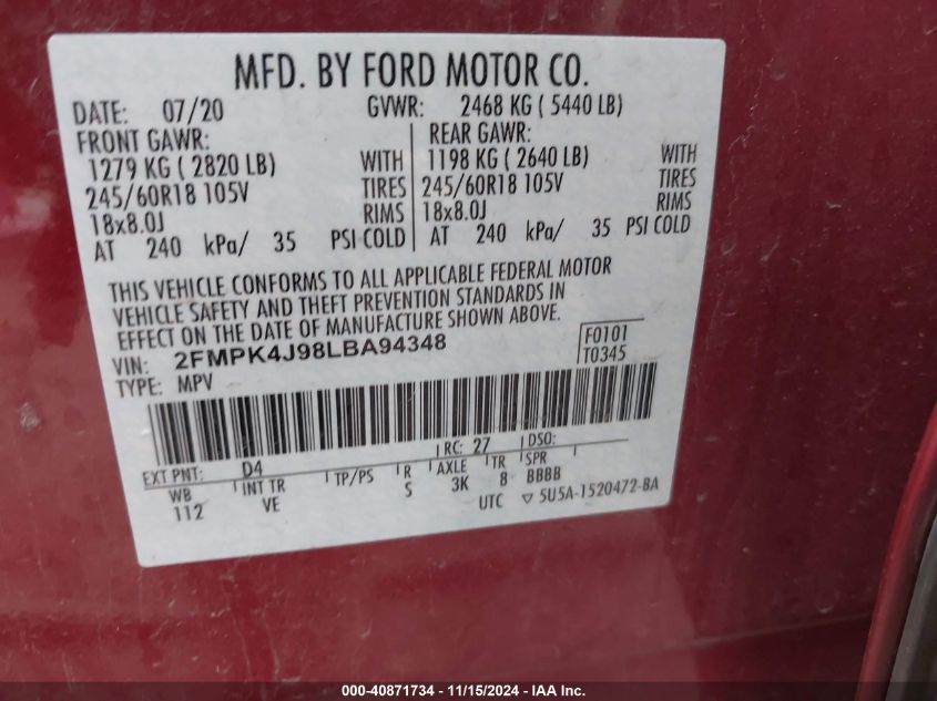 2020 Ford Edge Sel VIN: 2FMPK4J98LBA94348 Lot: 40871734