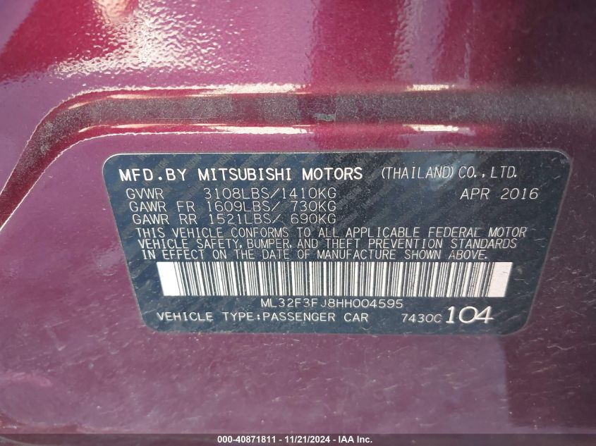 VIN ML32F3FJ8HH004595 2017 Mitsubishi Mirage, G4 ES no.9