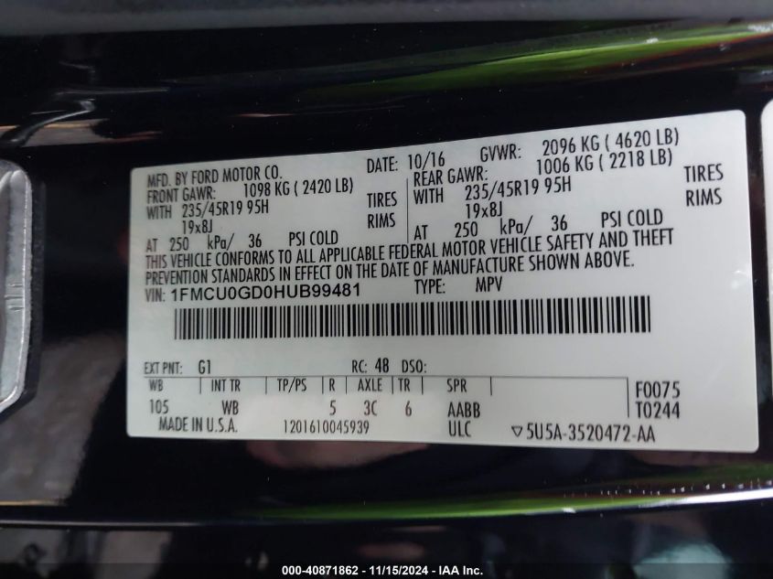 2017 FORD ESCAPE SE - 1FMCU0GD0HUB99481