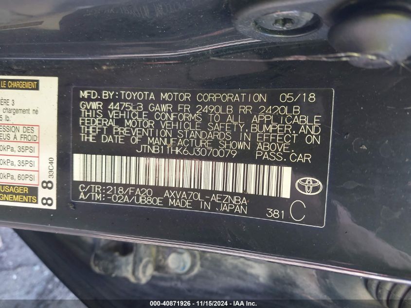 2018 TOYOTA CAMRY LE - JTNB11HK6J3070079