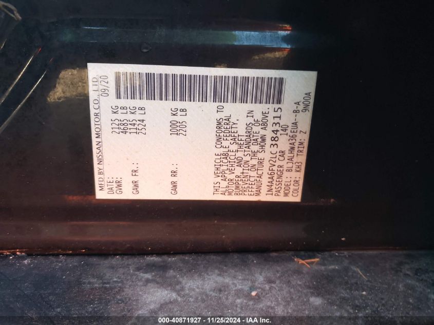 VIN 1N4AA6FV2LC384315 2020 NISSAN MAXIMA PLATINUM XTRONIC CVT