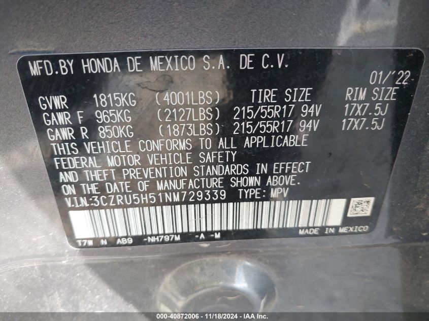 VIN 3CZRU5H51NM729339 2022 HONDA HR-V no.9