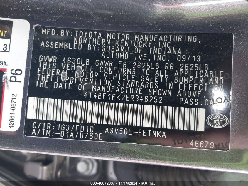 VIN 4T4BF1FK2ER346252 2014 Toyota Camry, LE no.9