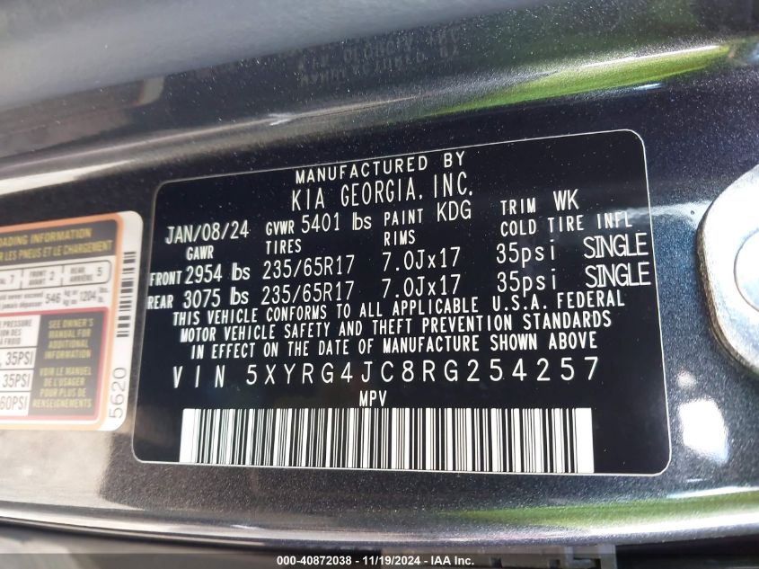 2024 Kia Sorento Lx VIN: 5XYRG4JC8RG254257 Lot: 40872038