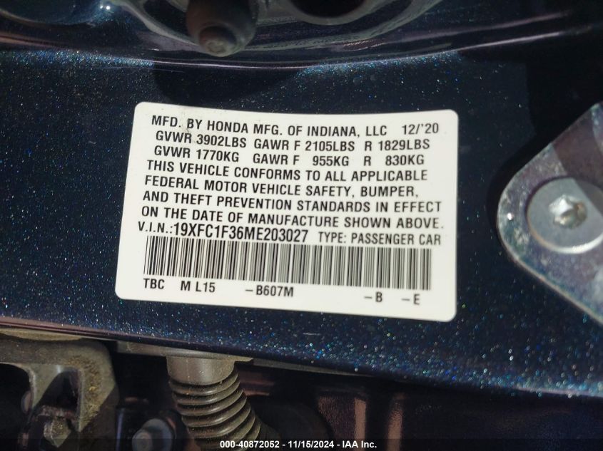 VIN 19XFC1F36ME203027 2021 Honda Civic, EX no.9