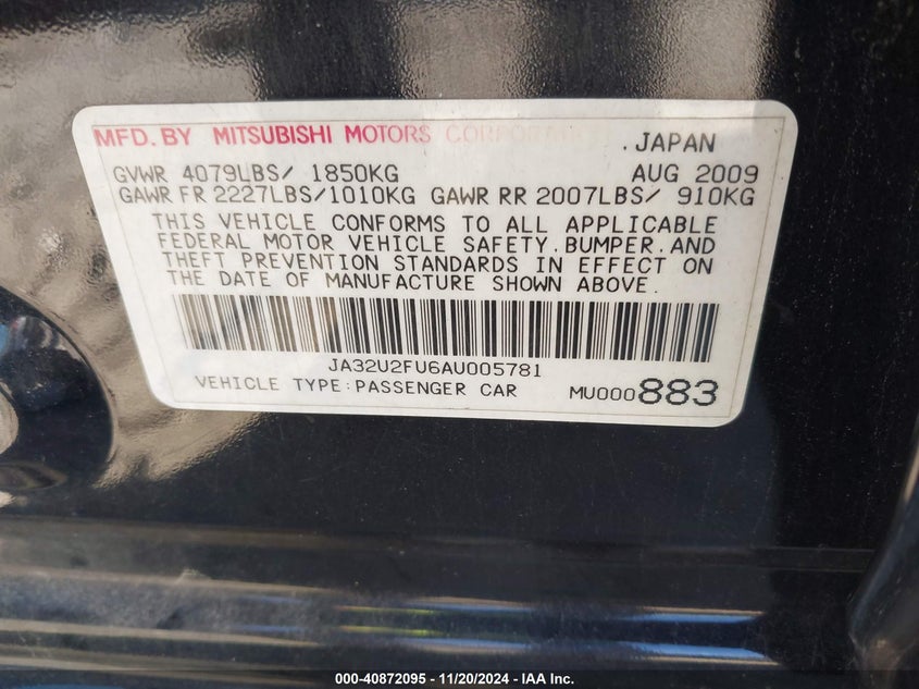 2010 MITSUBISHI LANCER VIN: JA32U2FU6AU005781