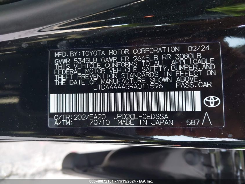 2024 Toyota Mirai Xle VIN: JTDAAAAA5RA011596 Lot: 40872101