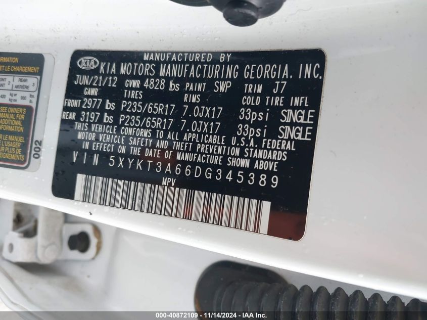 VIN 5XYKT3A66DG345389 2013 KIA Sorento, LX no.9