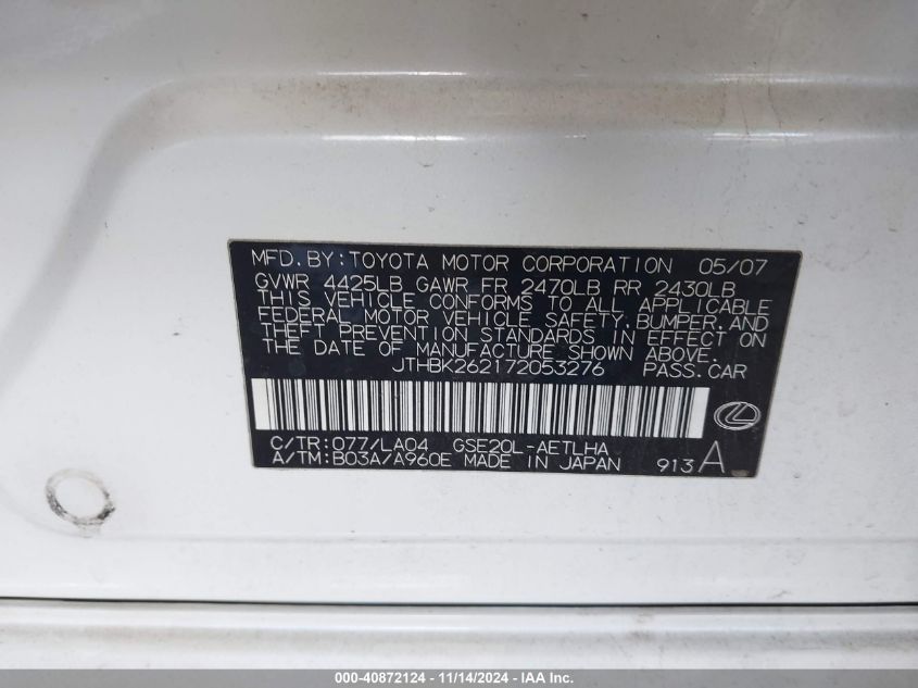 2007 Lexus Is 250 VIN: JTHBK262172053276 Lot: 40872124