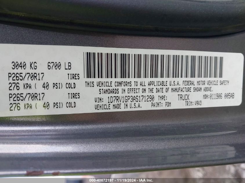 2010 DODGE RAM 1500 VIN: 1D7RV1GP3AS171290