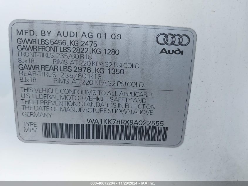 2009 Audi Q5 3.2 Premium VIN: WA1KK78RX9A022555 Lot: 40872204