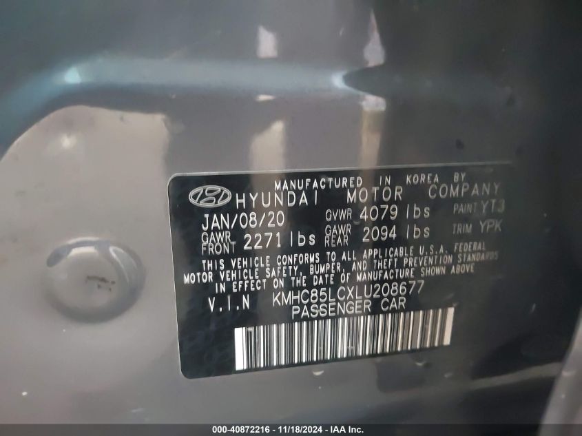 2020 Hyundai Ioniq Hybrid Sel VIN: KMHC85LCXLU208677 Lot: 40872216