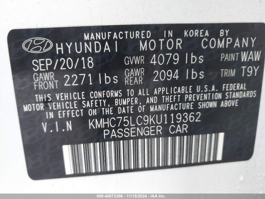 2019 Hyundai Ioniq Hybrid Sel VIN: KMHC75LC9KU119362 Lot: 40872366