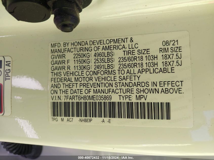 2021 Honda Cr-V Hybrid Ex-L VIN: 7FART6H80ME035869 Lot: 40872432