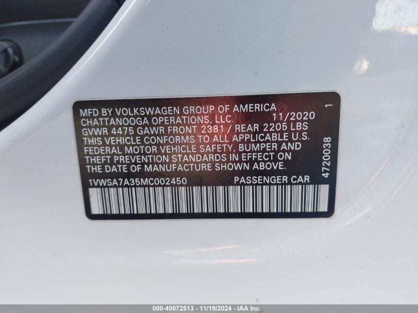 2021 VOLKSWAGEN PASSAT SE - 1VWSA7A35MC002450