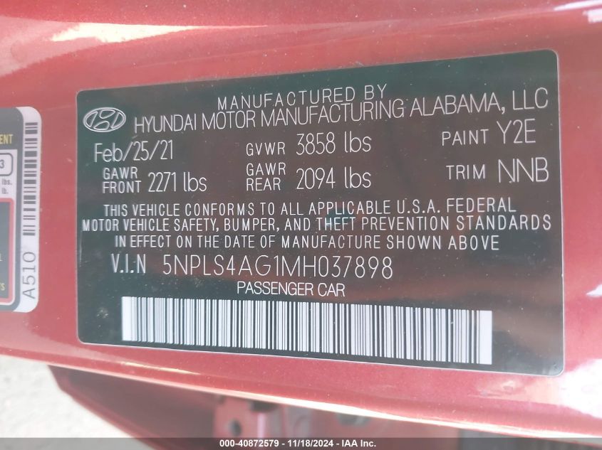 2021 Hyundai Elantra Sel VIN: 5NPLS4AG1MH037898 Lot: 40872579