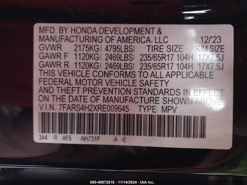 2024 Honda Cr-V Lx Awd VIN: 7FARS4H2XRE009645 Lot: 40872618