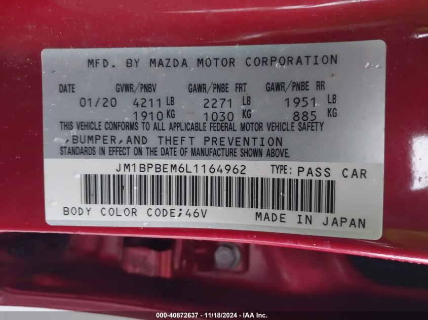 2020 Mazda Mazda3 Premium Package VIN: JM1BPBEM6L1164962 Lot: 40872637