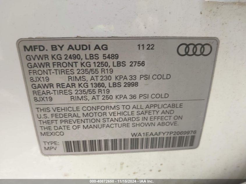 2023 Audi Q5 Premium Plus 45 Tfsi S Line Quattro VIN: WA1EAAFY7P2069976 Lot: 40872650