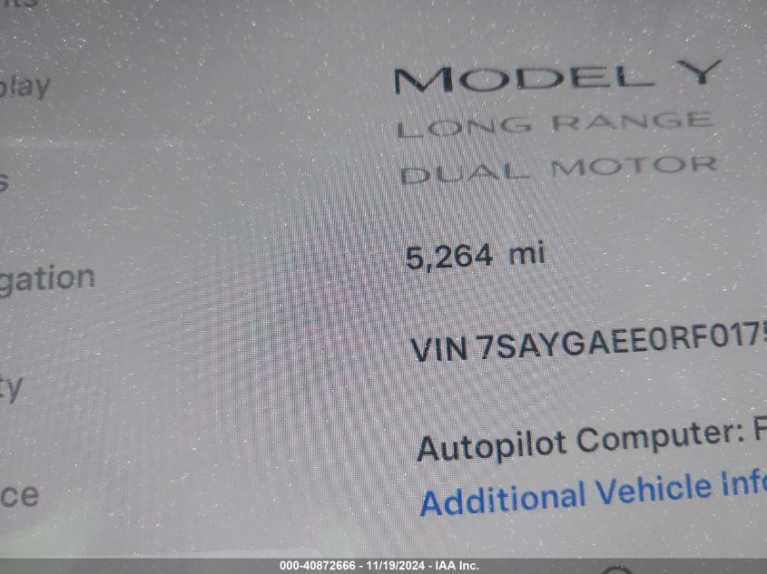 2024 Tesla Model Y Long Range Dual Motor All-Wheel Drive VIN: 7SAYGAEE0RF017553 Lot: 40872666