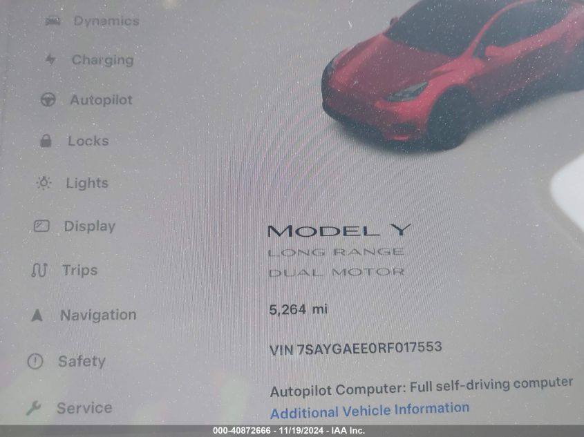 2024 Tesla Model Y Long Range Dual Motor All-Wheel Drive VIN: 7SAYGAEE0RF017553 Lot: 40872666