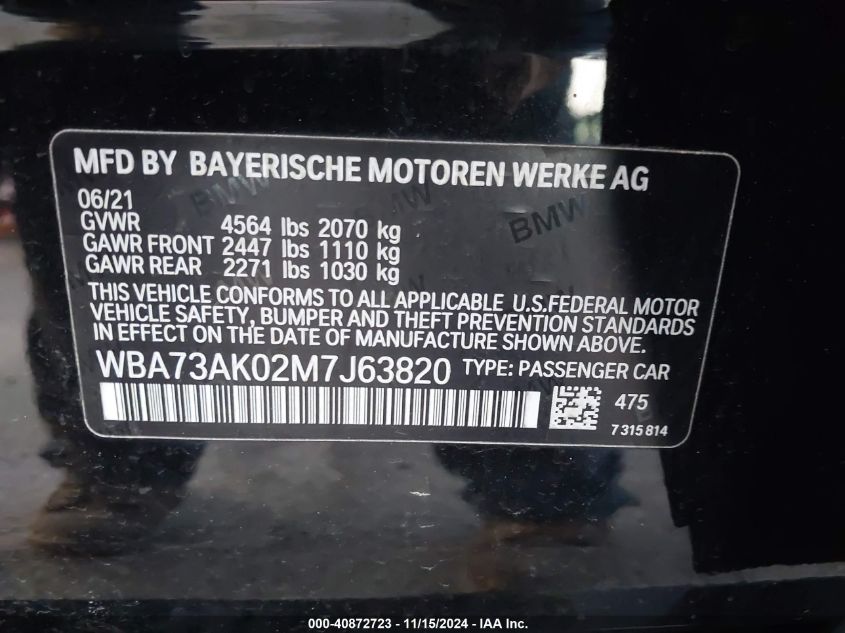 2021 BMW 228I Gran Coupe xDrive VIN: WBA73AK02M7J63820 Lot: 40872723