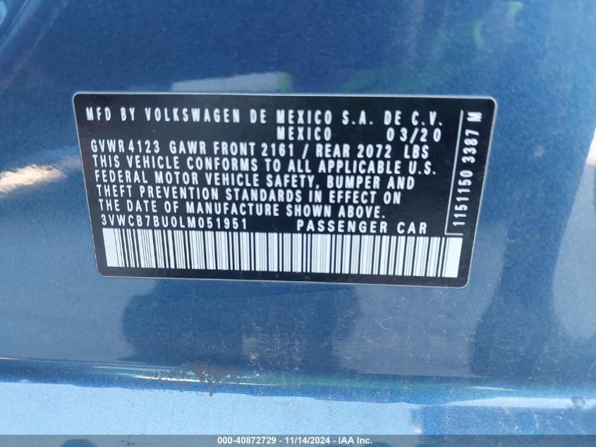 VIN 3VWCB7BU0LM051951 2020 VOLKSWAGEN JETTA 1.4T R-LINE/1.4T S/1.4T SE
