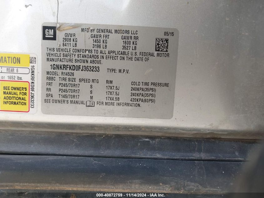 2015 CHEVROLET TRAVERSE LS - 1GNKRFKD0FJ363233