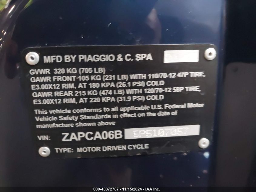 2023 Vespa Primavera/Sprint 50 VIN: ZAPCA06B5P5107057 Lot: 40872787