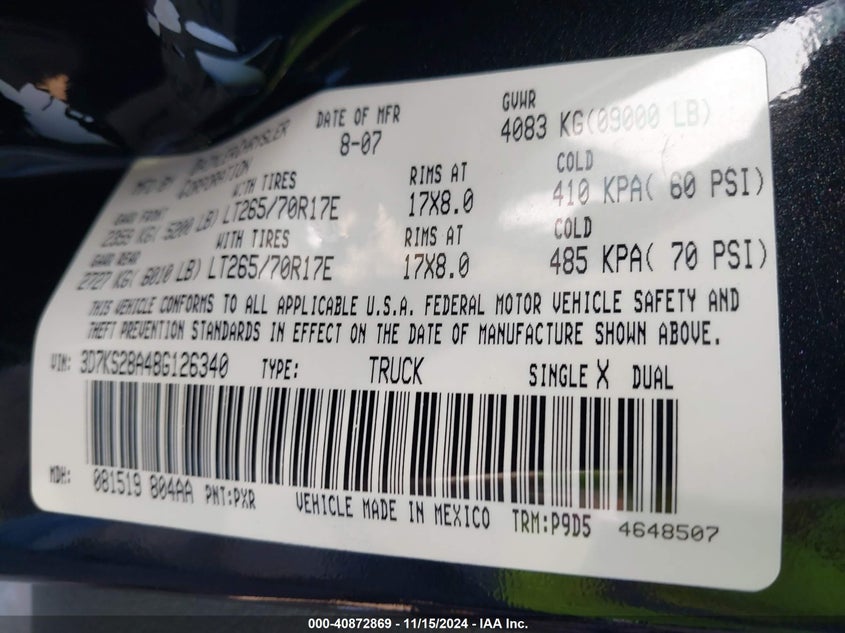 2008 Dodge Ram 2500 Slt/Power Wagon VIN: 3D7KS28A48G12634 Lot: 40872869