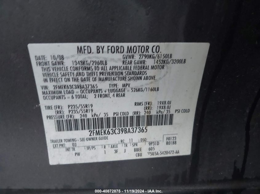 2009 Ford Flex Limited VIN: 2FMEK63C39BA37365 Lot: 40872875