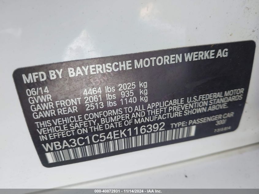 2014 BMW 328I VIN: WBA3C1C54EK116392 Lot: 40872931