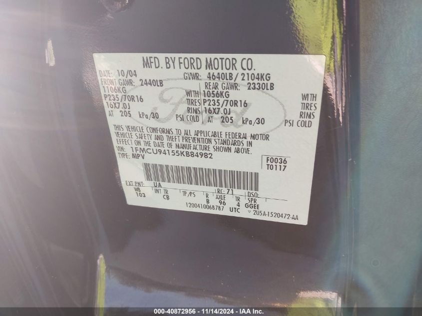 2005 Ford Escape Limited VIN: 1FMCU94155KB84982 Lot: 40872956