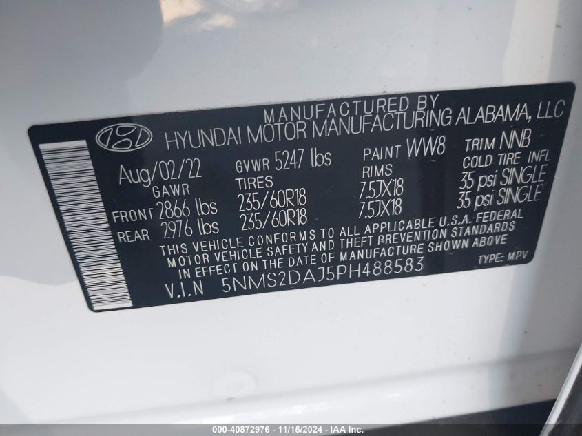 2023 Hyundai Santa Fe Sel VIN: 5NMS2DAJ5PH488583 Lot: 40872976