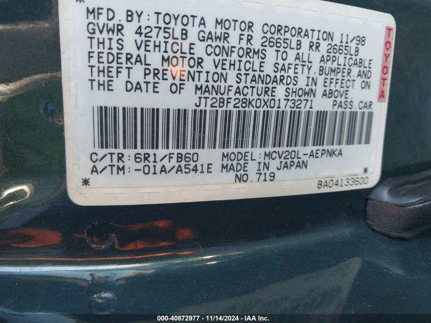 1999 Toyota Camry Le/Xle VIN: JT2BF28K0X0173271 Lot: 40872977