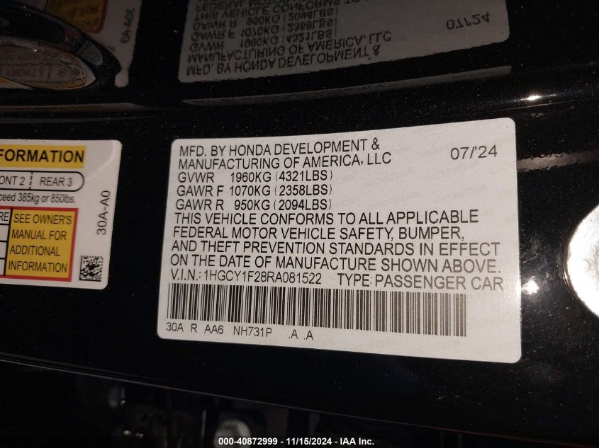 2024 Honda Accord Lx VIN: 1HGCY1F28RA081522 Lot: 40872999