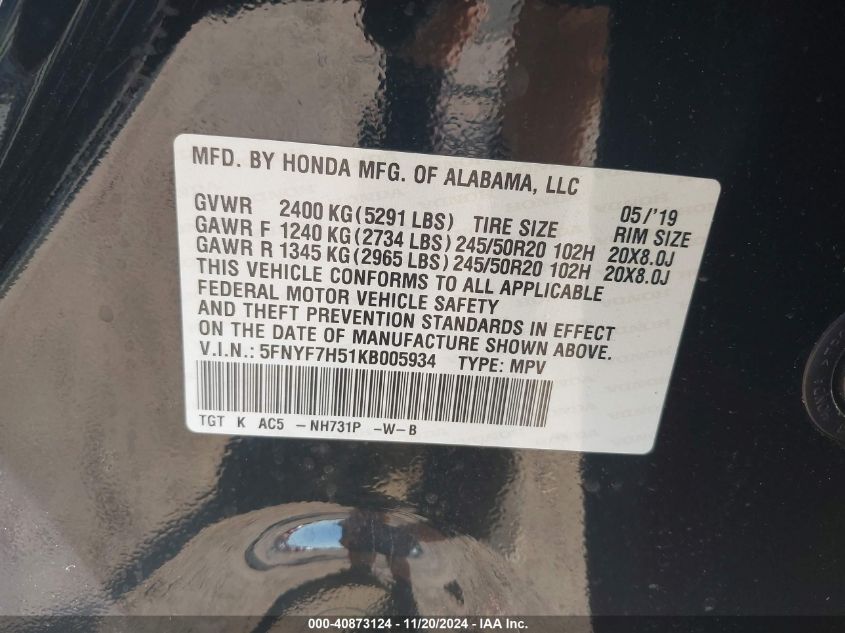 VIN 5FNYF7H51KB005934 2019 HONDA PASSPORT no.9