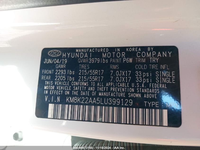 2020 Hyundai Kona Sel VIN: KM8K22AA5LU399129 Lot: 40873155